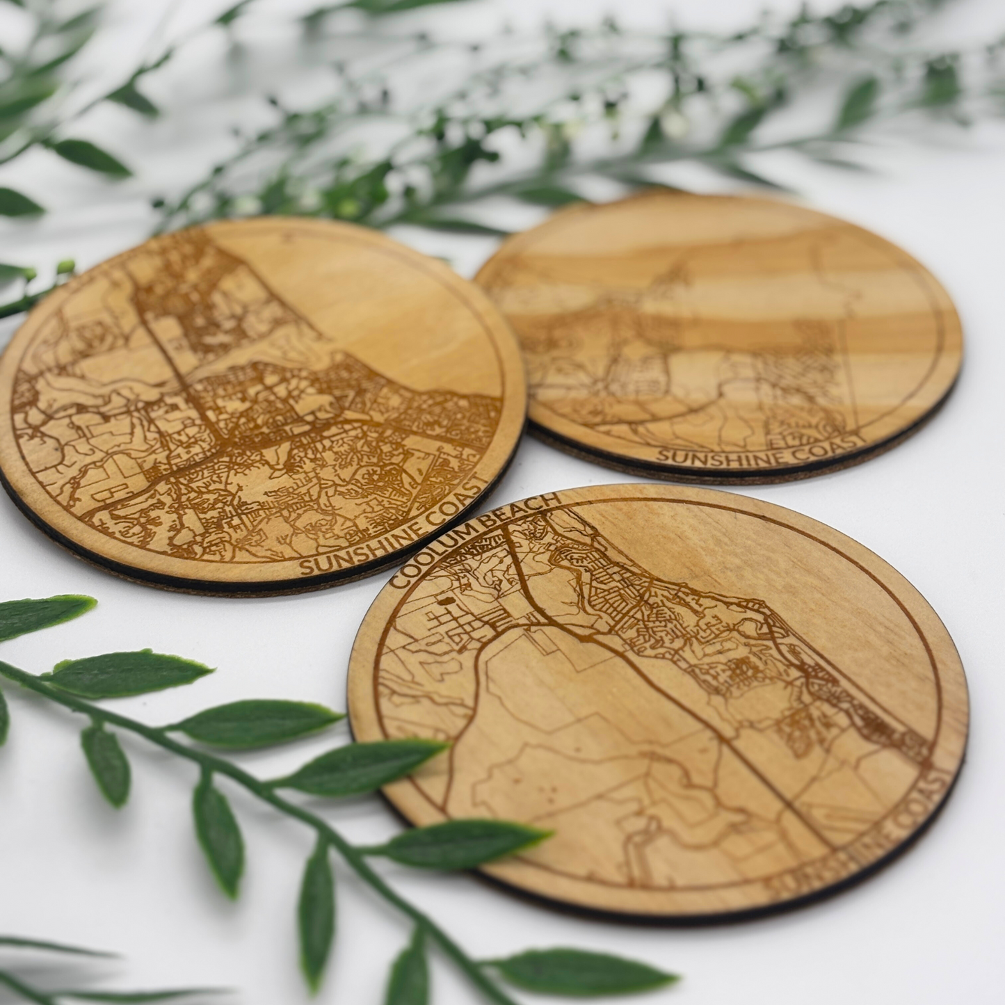 Wooden Map Coasters with Cork Backing – Custom City & Region