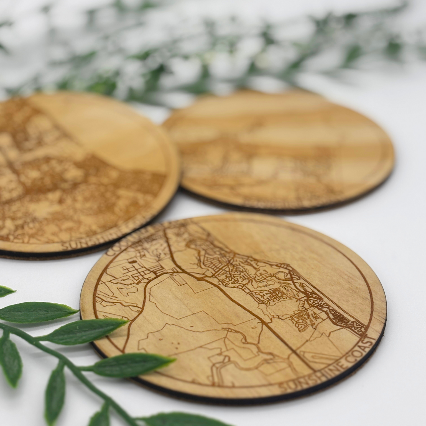Wooden Map Coasters with Cork Backing – Custom City & Region