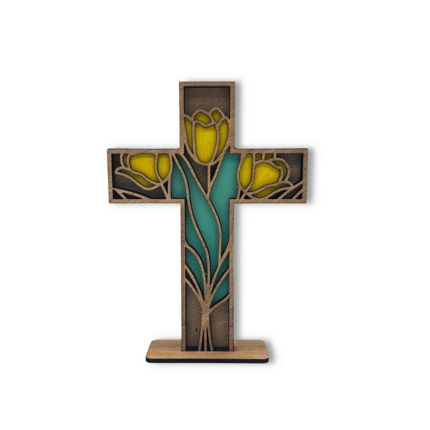 Floral Faith – Wooden Cross with Yellow Tulips