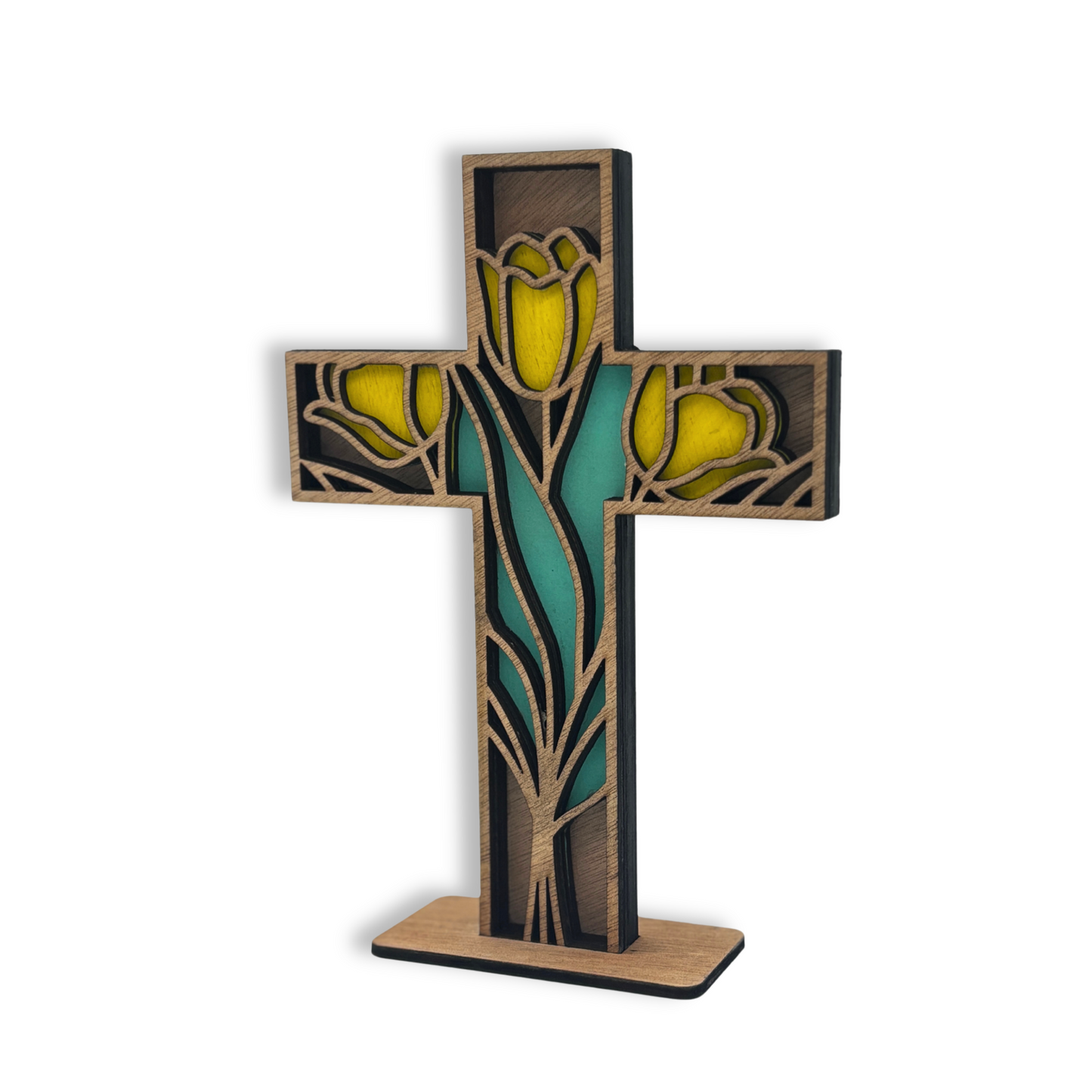 Floral Faith – Wooden Cross with Yellow Tulips