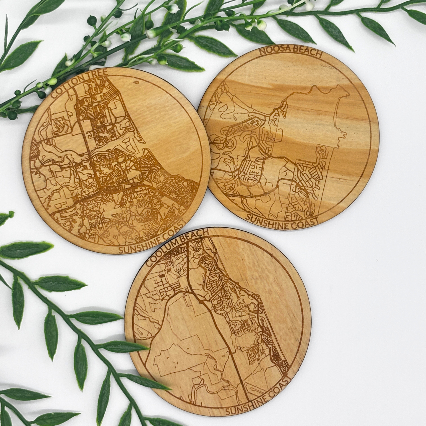 Wooden Map Coasters with Cork Backing – Custom City & Region