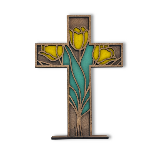 Floral Faith – Wooden Cross with Yellow Tulips