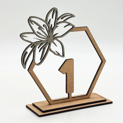 Wooden Floral Hexagon Table Number