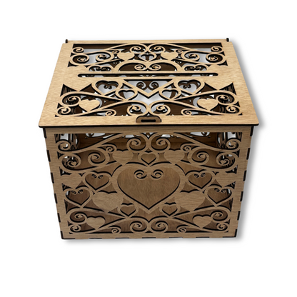 Wooden Wedding Card Box – Heart & Swirl Design