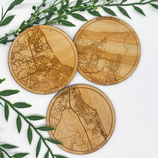 Wooden Map Coasters with Cork Backing – Custom City & Region